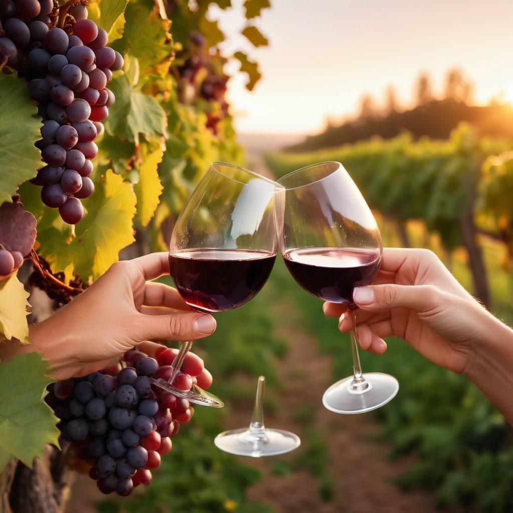 A serene vineyard at sunset, with rich purple grapes hanging from lush green vines, a wine glass filled with deep red wine in the foreground reflecting the warm hues of the setting sun. In the background, a couple raises their glasses in a toast, symbolizing intimacy and connection while enjoying the vineyard experience. The scene is alive with soft golden light and a dreamy atmosphere. super-realistic. vibrant colors. warm tones.