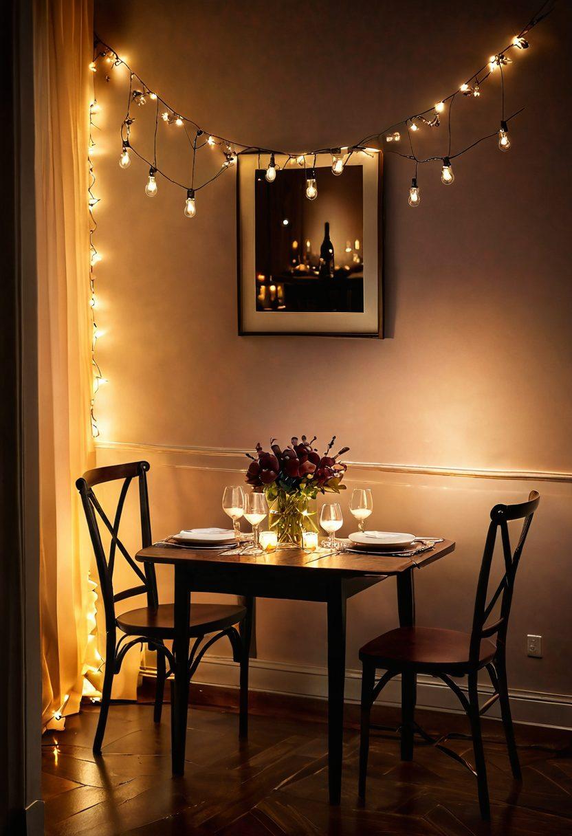 A cozy, elegant setting featuring a beautifully set dining table with a bottle of red wine and two glasses, surrounded by delicate fairy lights. Soft, warm hues emanate from candles flickering gently, casting playful shadows. A subtle hint of wine grapes and a vibrant bouquet of flowers add a touch of romance to the scene. Overall, it conveys an inviting atmosphere perfect for a cheerful evening. super-realistic. warm colors. soft focus.