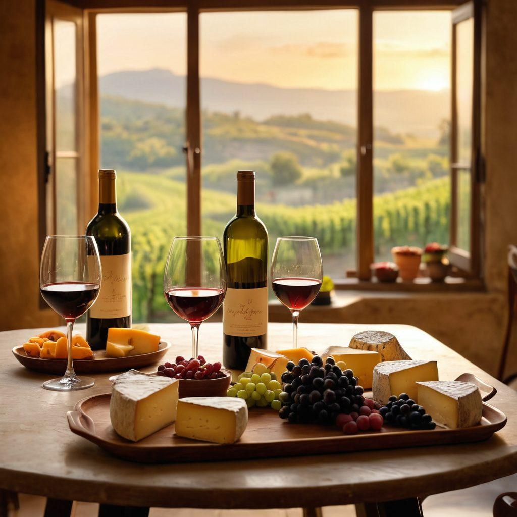 A cozy indoor setting with a beautifully set table, featuring a variety of wine bottles and glasses. Subtle candlelight flickers, casting warm shadows, and a tray of artisanal cheeses and fruits complements the scene. In the background, lush vineyards are visible through a large window, symbolizing the winemaking process. The atmosphere is inviting, with a soft focus on joyful expressions of people toasting. elegant painting. warm colors. soft lighting.